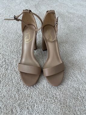 Sam Edelman Taupe Ankle-Strap Block Heel Sandals